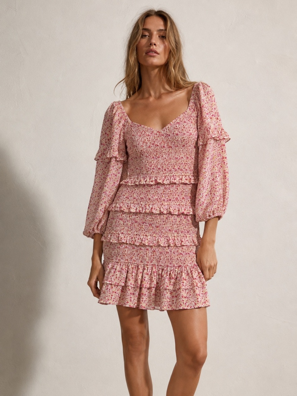 Storia | M | Smocked Pink Floral Ruffle Midi Dress